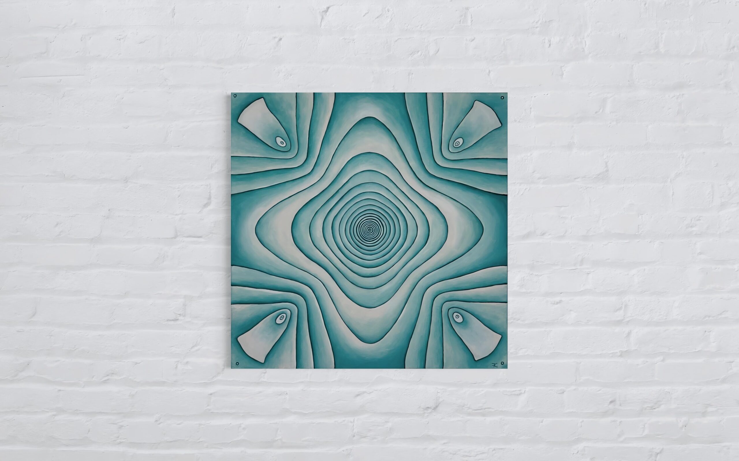 Conceptual oil painting of stress moments in a steel plate, abstract circular patterns in soft blue and gold